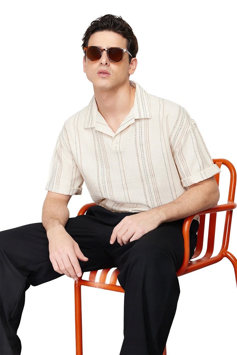 TRENDYOL MAN KOSZULA MĘSKA CASUAL BEŻOWA W PASKI KRÓTKI RĘKAW L 5DA