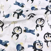 Pasmanteria - Tkanina bawełniana pingwiny z balonikami niebieskie na białym tle - miniaturka - grafika 1