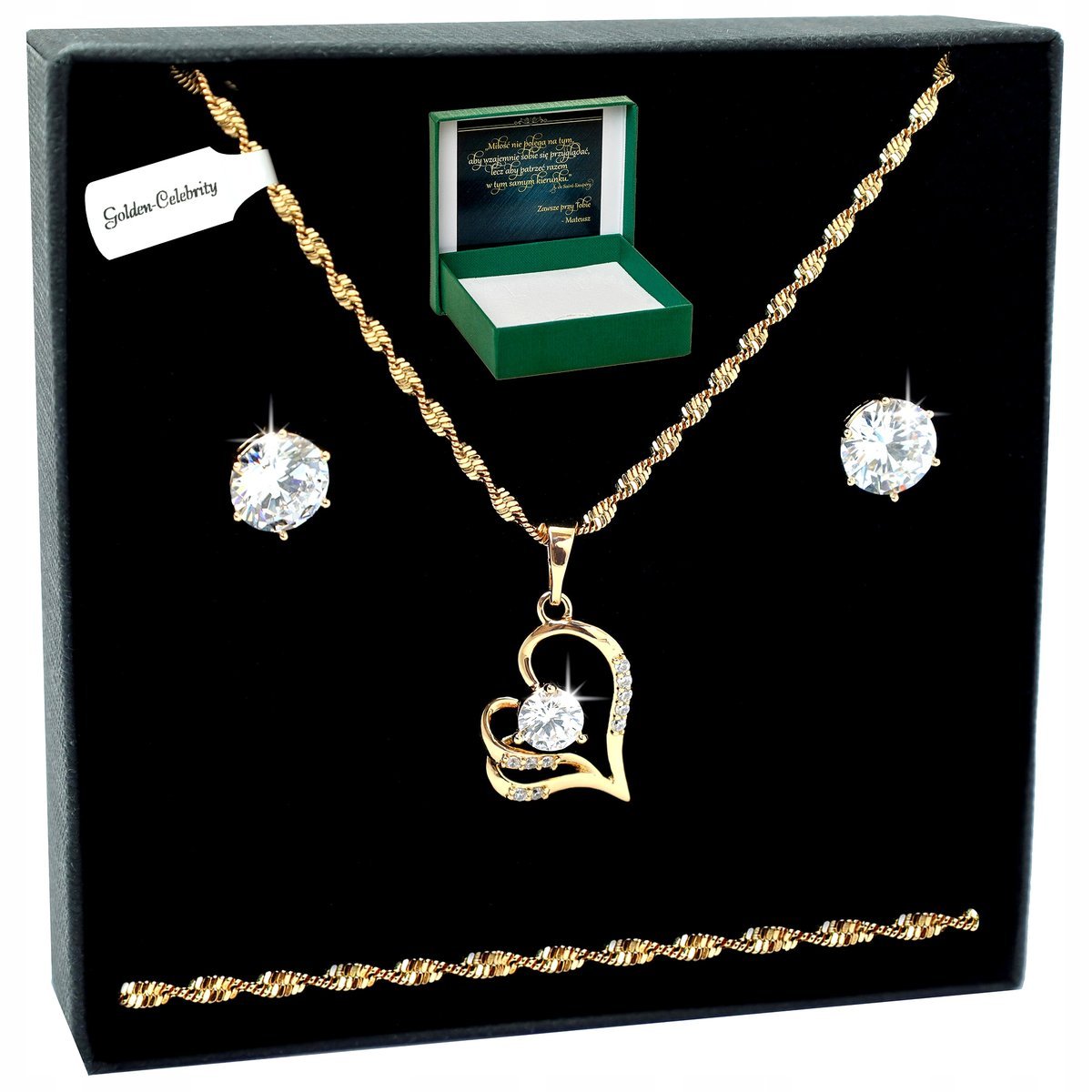 Elegancki Złoty Komplet Biżuterii Damskiej Stal Chirurgiczna 18K Serce 45Cm