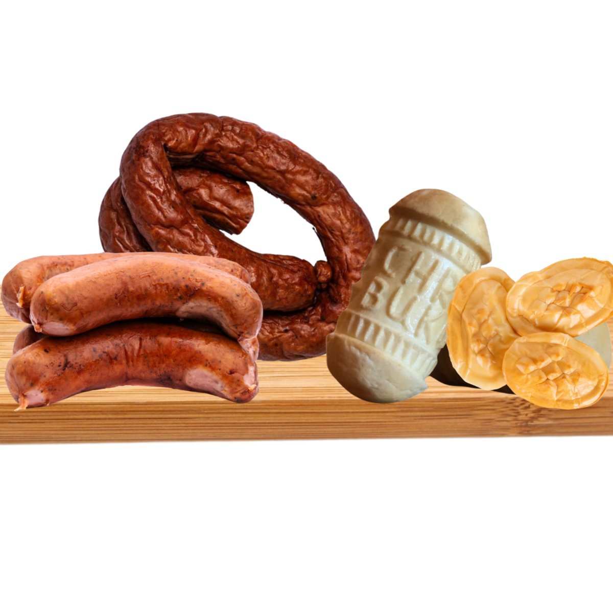 Zestaw Góralski Klimat na Grilla – sery górskie wędzone (gołka krowia 245 g + 3x35 g) + kiełbasa wiejska krucha ok. 350 g + kiełbasa grillowa wędzon..