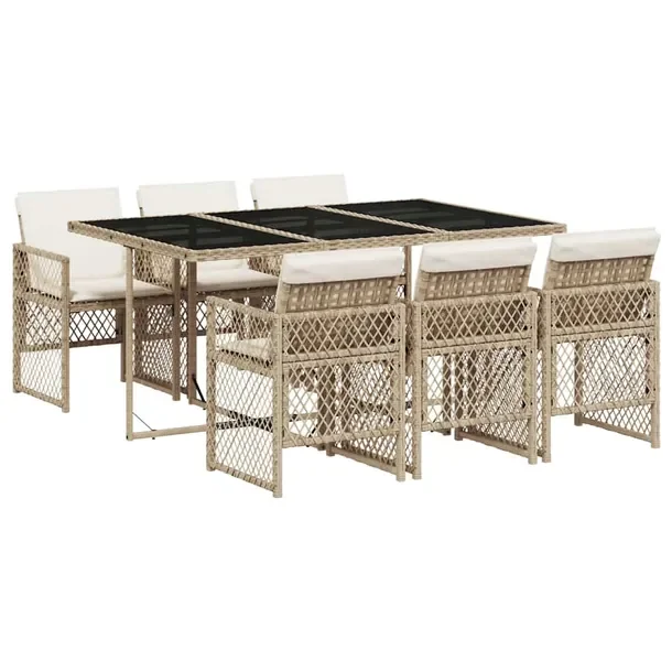 Zestaw mebli ogrodowych 7-częściowy, beżowy, rattan PE, wymiary 165 x 10