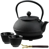 Czajniki na gaz - Czajnik żeliwny Teramo 0.85L z czarkami, podstawką i widelcem, czarny - miniaturka - grafika 1