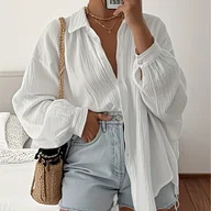 Koszule damskie - TEMU Bluzka Damska z Opuszczonymi Ramionami i Długim Rękawem - Jednokolorowa Koszula na Co Dzień z Zapinaniem w Płaskie Guziki, Nieprześwitująca, - miniaturka - grafika 1