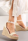 Sandały damskie - Beżowe Plecione Sandały na Koturnie i Platformie z Ozdobnym Paskiem Zete - miniaturka - grafika 1