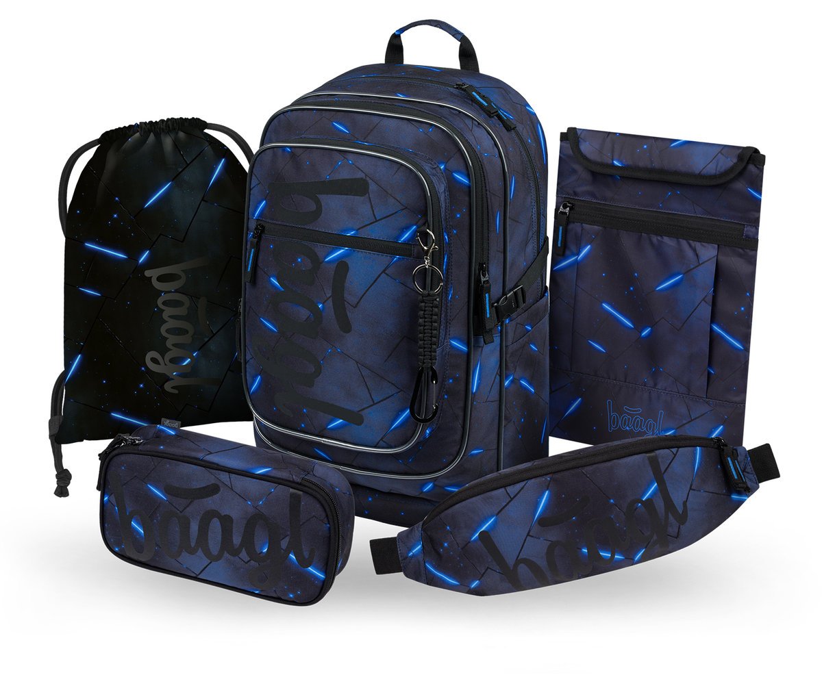 BAAGL Zestaw Szkolny 5w1 Plecak Ergonomiczny Cubic Flash Czarny + Piórnik + Worek + Nerka + Etui na laptopa