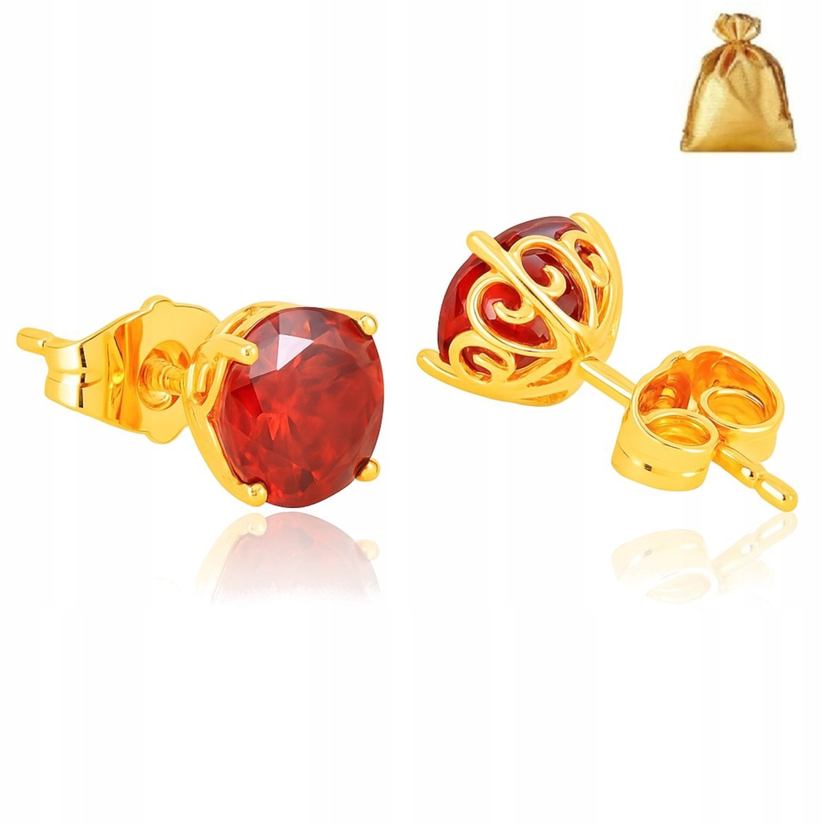 ZŁOTE KOLCZYKI WKRĘTKI SZTYFT CYRKONIE CZERWONE 8 MM STAL CHIRURGICZNA 18K