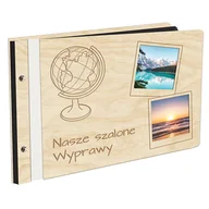 Albumy fotograficzne - Album Na Zdjęcia Pierwsza Strona Z Twoimi Fotkami W Drewnianej Oprawie Z Czarnymi Kartami Z Grawerem Nasze Wspólne Wyprawy Globus - miniaturka - grafika 1