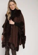 Swetry damskie - Brązowe Ponczo z Wełną i Wiskozą Ozdobione Futerkiem Delatta - miniaturka - grafika 1