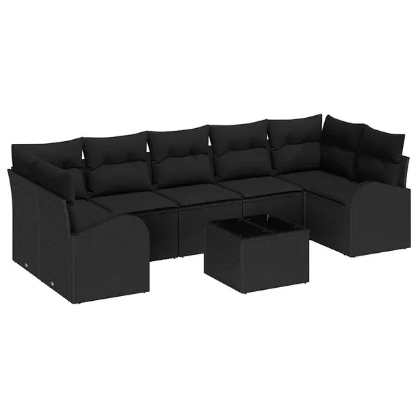 Zestaw sof ogrodowych, 8 elementów, czarny rattan, 4 osoby