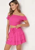 Komplety damskie - Fuksjowy Komplet Bawełniany Bluzka Hiszpanka i Spódnica z Falbankami Vexa - miniaturka - grafika 1