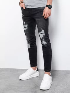 Spodnie męskie - Spodnie męskie jeansowe z dziurami SLIM FIT - czarne V3 P1065 - grafika 1