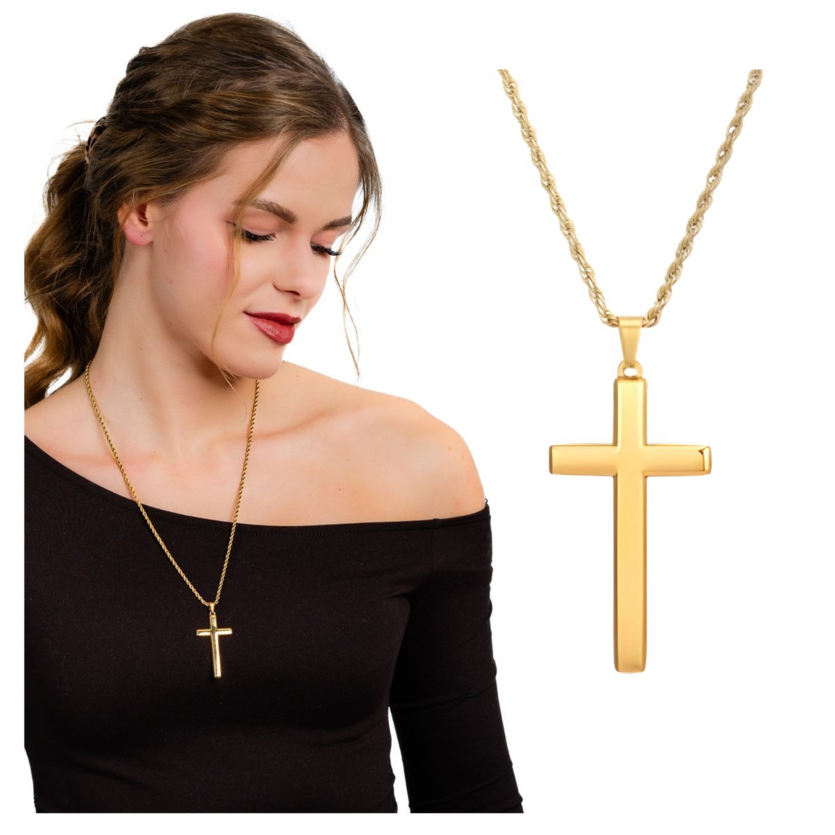 Naszyjnik Złoty z Zawieszką Krzyż ze Stali Chirurgicznej 316L Pozłacany 18k