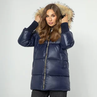 Damska kurtka puchowa z futrzanym kapturem granatowa - Kurtki damskie Damska kurtka puchowa z futrzanym kapturem granatowa - Kurtki damskie - miniaturka - grafika 1