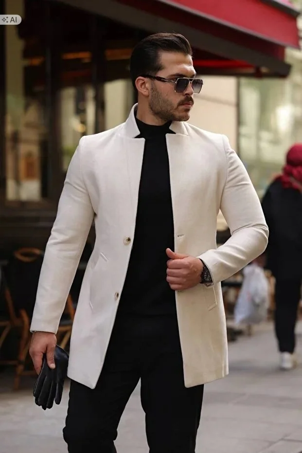 ELEGANCKI GŁADKI BEŻOWY PŁASZCZ MĘSKI NA GUZIKI M 5IA