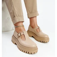 Półbuty damskie - Ciemnobeżowe skórzane półbuty Karino beżowy - miniaturka - grafika 1