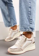 Moda i Uroda OUTLET - Beżowe Sneakersy na Koturnie z Ozdobnym Suwakiem i Metalicznymi Wstawkami Univia - miniaturka - grafika 1