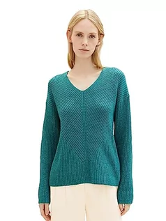 Swetry damskie - TOM TAILOR Damski sweter Basic z dekoltem w serek, 32402-ever Green Melange, XXS - grafika 1