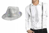 Dodatki do strojów karnawałowych - KAPELUSZ Z CEKINAMI + SZELKI CEKINOWE DO SPODNI SREBRNE +KRAWAT STROJU DISCO - miniaturka - grafika 1