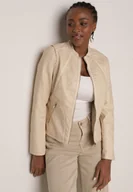 Kurtki damskie - Beżowa Taliowana Kurtka Ramoneska z Kontrastowymi Lamówkami Nissalea - miniaturka - grafika 1
