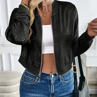 Kurtki damskie - TEMU Damska kurtka baseballowa w stylu vintage - Duża rozmiar, czarna retro kurtka z długim rękawem i zamkiem błyskawicznym, idealna na wiosnę i - miniaturka - grafika 1