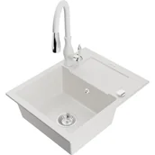 Zlewozmywaki z baterią - Mexen Enzo zlewozmywak granitowy 1-komorowy z ociekaczem i baterią kuchenną Savita, biały - miniaturka - grafika 1