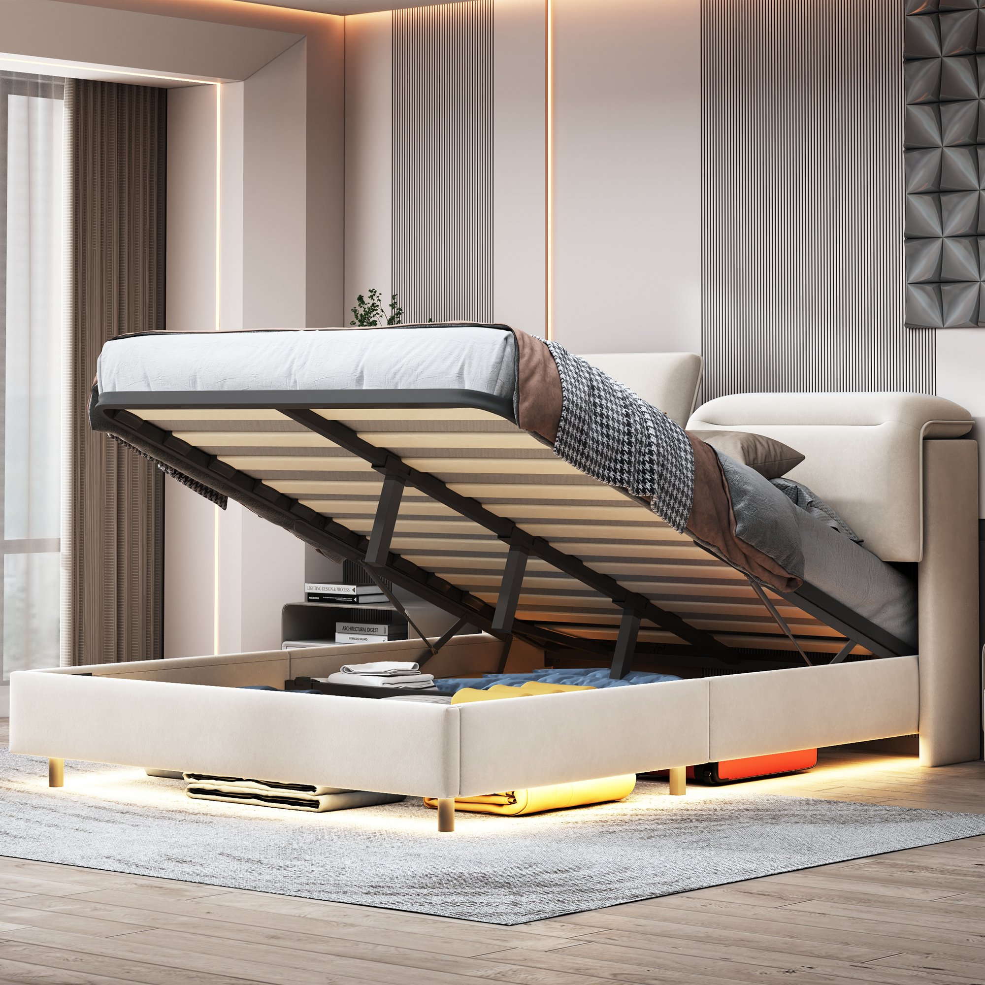 Łóżko tapicerowane Fortuna Lai 140x200cm ze stelażem listwowym, łóżko na sprężynach skrzyniowych z zagłówkiem, łóżko podwójne ze schowkiem i LED, łóżko młodzieżowe ze schowkiem, aksamit, beżowy