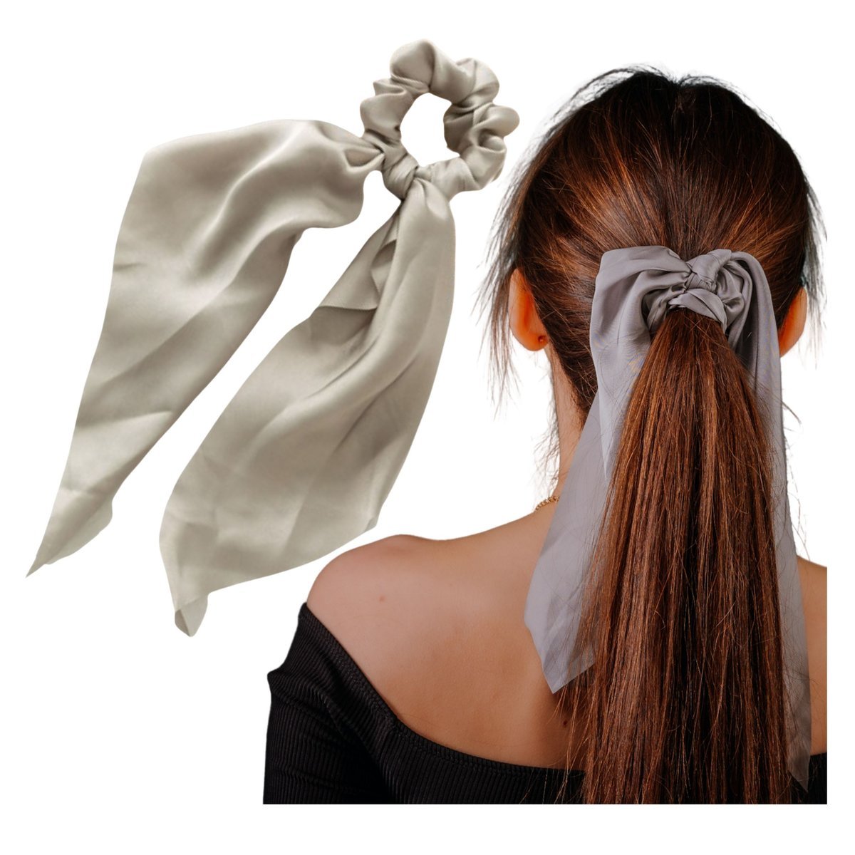 Gumka do Włosów Szara z Kokardą Długa Satynowa Apaszka Bezpieczna i Wygodna