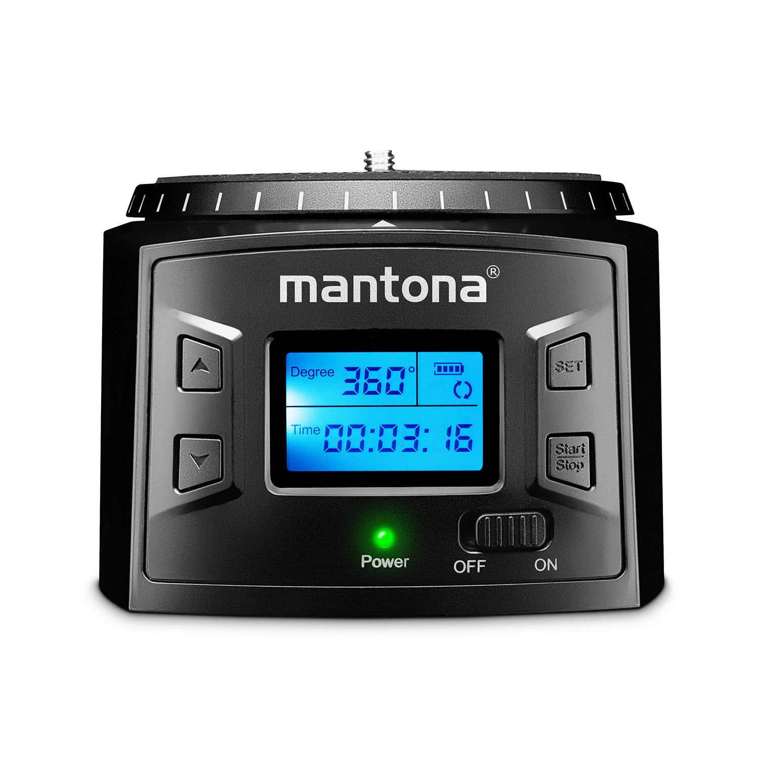 Elektryczna głowica panoramiczna 360° Mantona - programowalna głowica statywowa do zdjęć poklatkowych i interwałowych, udźwig 2 kg, idealna głowica obrotowa do kamer sportowych GoPro i smartfonów