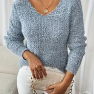 Swetry damskie - TEMU Damski elegancki, puszysty sweter z długim rękawem i wycięciem w kształcie litery V - miękki, rozciągliwy, jednokolorowy pulower na - miniaturka - grafika 1
