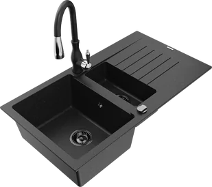 Mexen Matias zlewozmywak granitowy 1,5-komorowy z ociekaczem i baterią kuchenną Savita, czarny/srebrny - 6502-73-672601-70-B - Zlewozmywaki z baterią - miniaturka - grafika 1