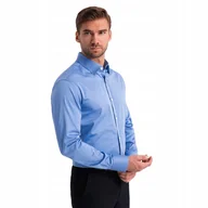 Koszule męskie - Klasyczna męska koszula SLIM FIT z satyny niebieska V2 OM-SHOS-0176 L - miniaturka - grafika 1