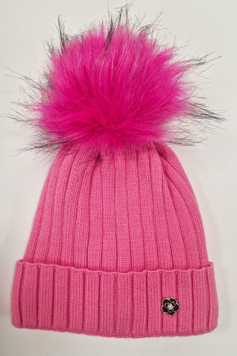 Dziecięca Czapka Zimowa z Pomponem Kwiatek Różowa