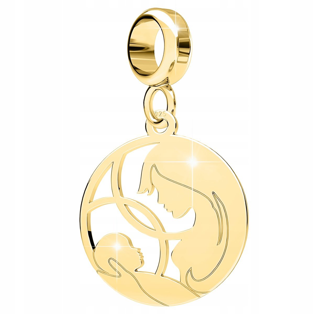 Charms Złoty Matka z Dzieckiem Okrągła Blaszka Rodzina Family SREBRO 925