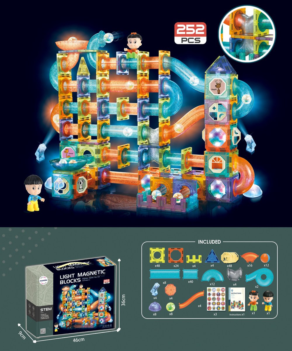 Magnetyczna świecąca klockowa konstrukcja toru kulkowego 252 elementy XXL