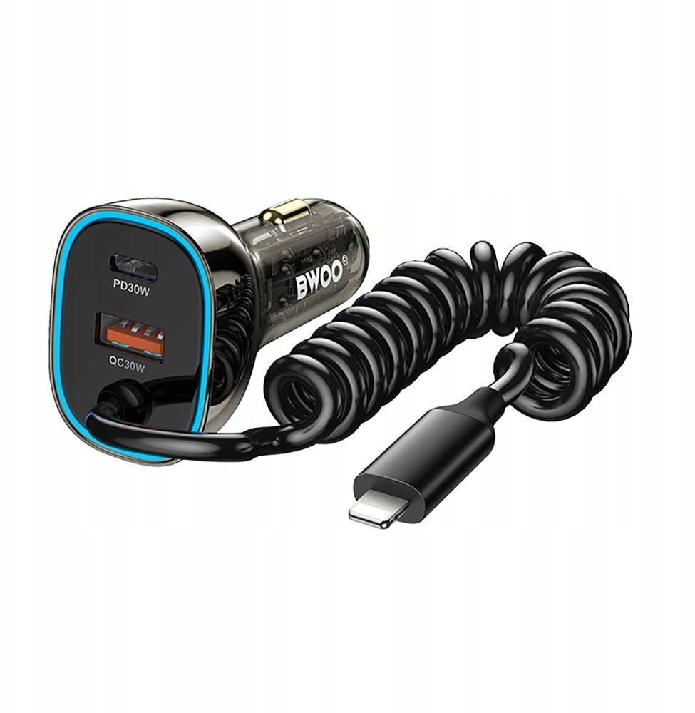 BWOO 30W ładowarka samochodowa PD CC96L 1x USB-C 1x USB z kablem lightning szara