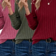 Bluzki damskie - TEMU 3 szt. Damskie Koszulki z Długim Rękawem i Okrągłym Dekoltem - Jednokolorowe, Eleganckie Bluzki Casual, Miękkie Elastyczne Materiały, Niezbędny - miniaturka - grafika 1