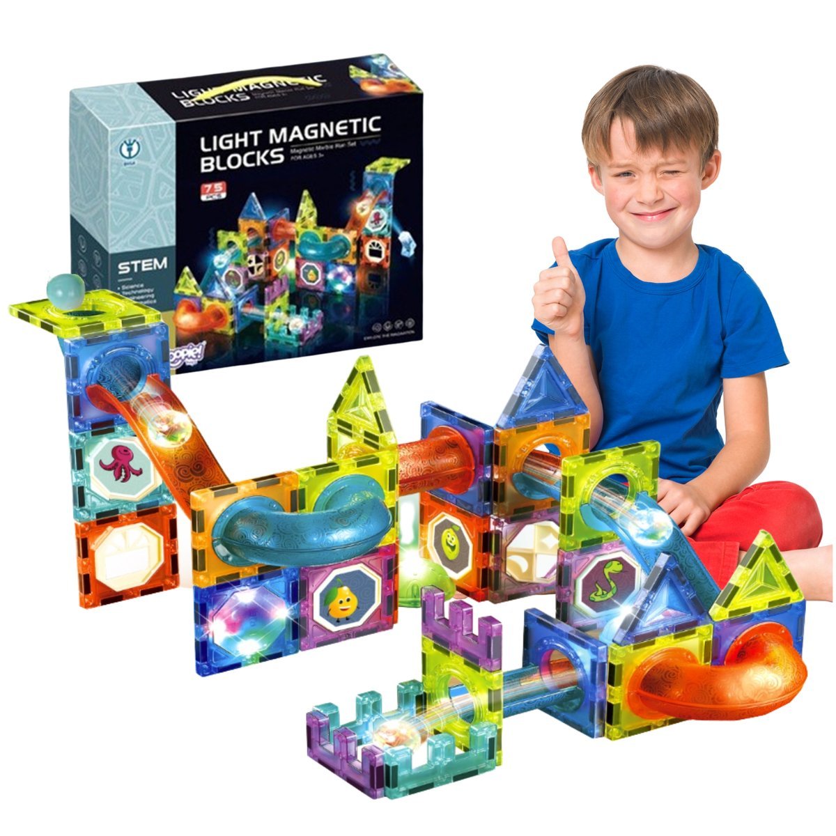 KLOCKI MAGNETYCZNE KONSTRUKCYJNE ŚWIECĄCY TOR Dla Dzieci MAGNETIC TILES 75