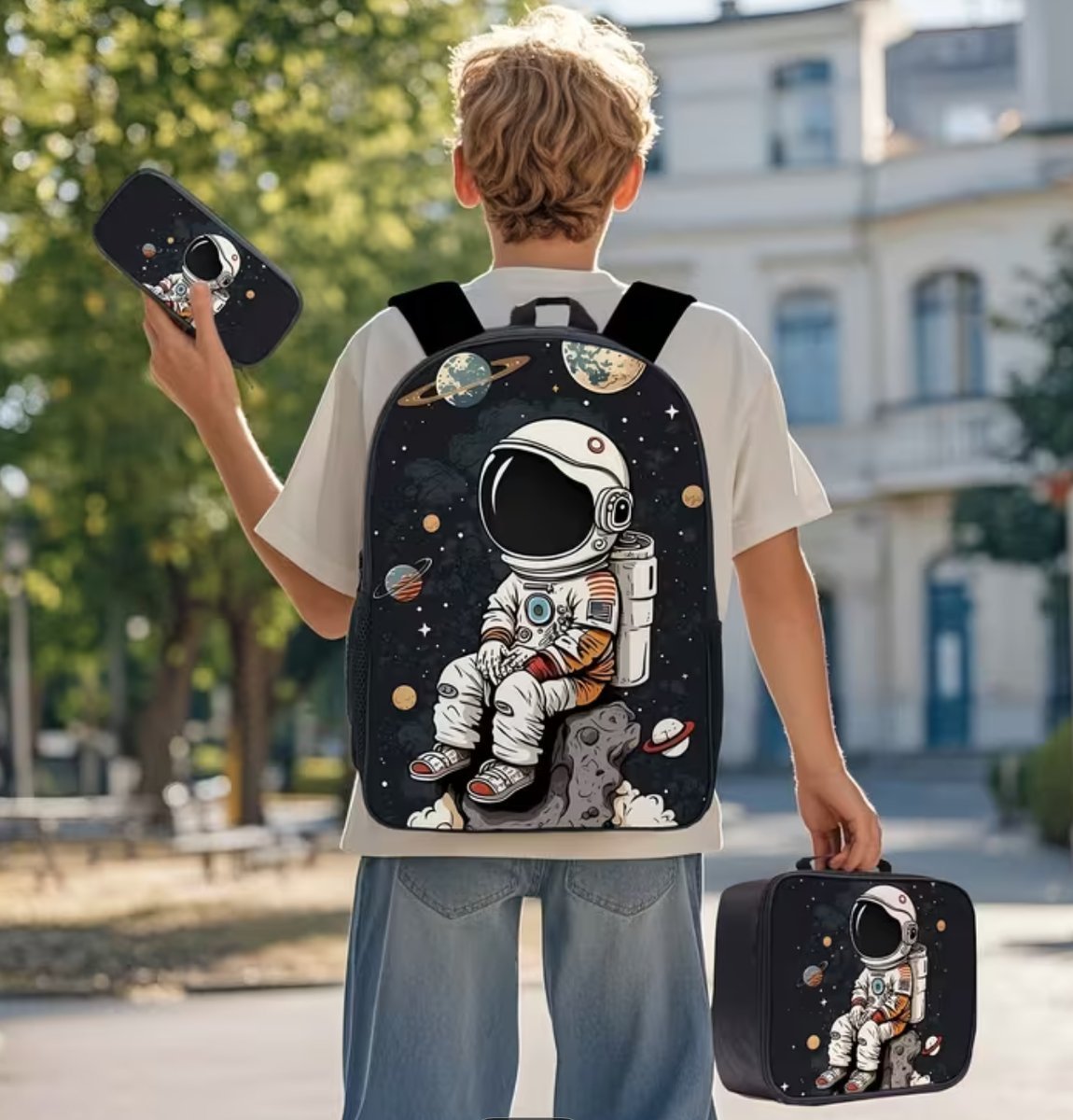 Zestaw szkolny Plecak + Lunch Box + Piórnik (kolor czarny, Astronauta) Kosmiczna Strefa