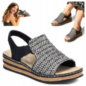 Sandały damskie - Sandały Damskie Sportowe na koturnie 38 RIEKER Wsuwane Eleganckie Czarne - miniaturka - grafika 1