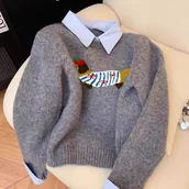 Swetry damskie - TEMU Kobiecy Przytulny Szary Kardigan z Kolorowym Wzorem Psa - Długi Rękaw, Zapinany na Guziki, Miękki i Stylowy na Jesień/Zimę, Idealny do - miniaturka - grafika 1