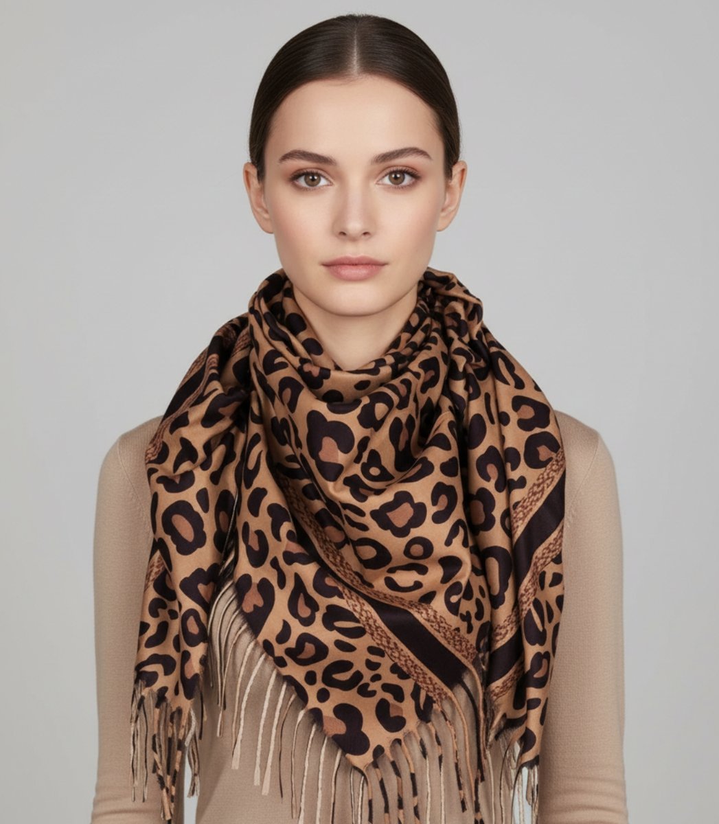 Modna chusta szalik w panterkę elegancki szal z frędzlami