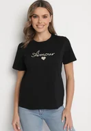 Bluzki damskie - Czarna Bluzka z Bawełny Ozdobiona Napisem Nalavenne - miniaturka - grafika 1