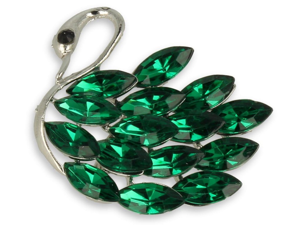 Broszka Damska Srebrna Łabędz Z Zielonymi Kamieniami