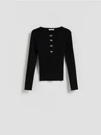 Bluzki damskie - Reserved - Bluzka z ozdobną aplikacją - czarny - miniaturka - grafika 1