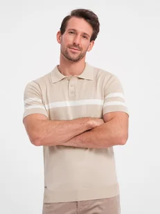 Męska koszulka polo z miękkiej dzianiny z kontrastowymi pasami - beżowa V4 OM-POSS-0118 - Ombre Clothing - Swetry męskie - miniaturka - grafika 1