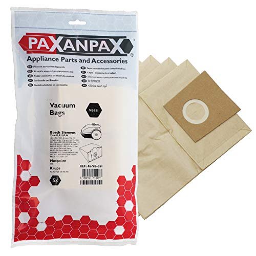 Paxanpax VB351 Kompatybilne papierowe worki do odkurzacza Bosch Siemens 'Typ D, E, F, G, H' Activa, Alpha, Kids & Fun, Seria Super VS (opakowanie 5 sztuk), brązowe