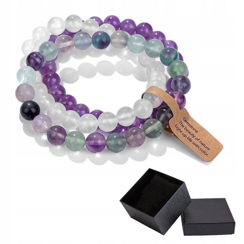 Zestaw 3 Bransoletki 8 mm Kamień Ametyst Biały Chalcedon Fluoryt Lucite
