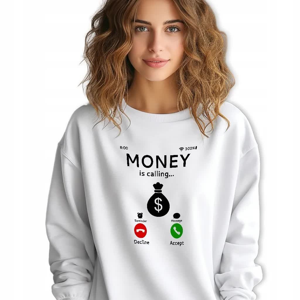 BIAŁA BLUZA Damska Dresowa MONEY IS CALLING Zabawne Wzory Rozmiar S