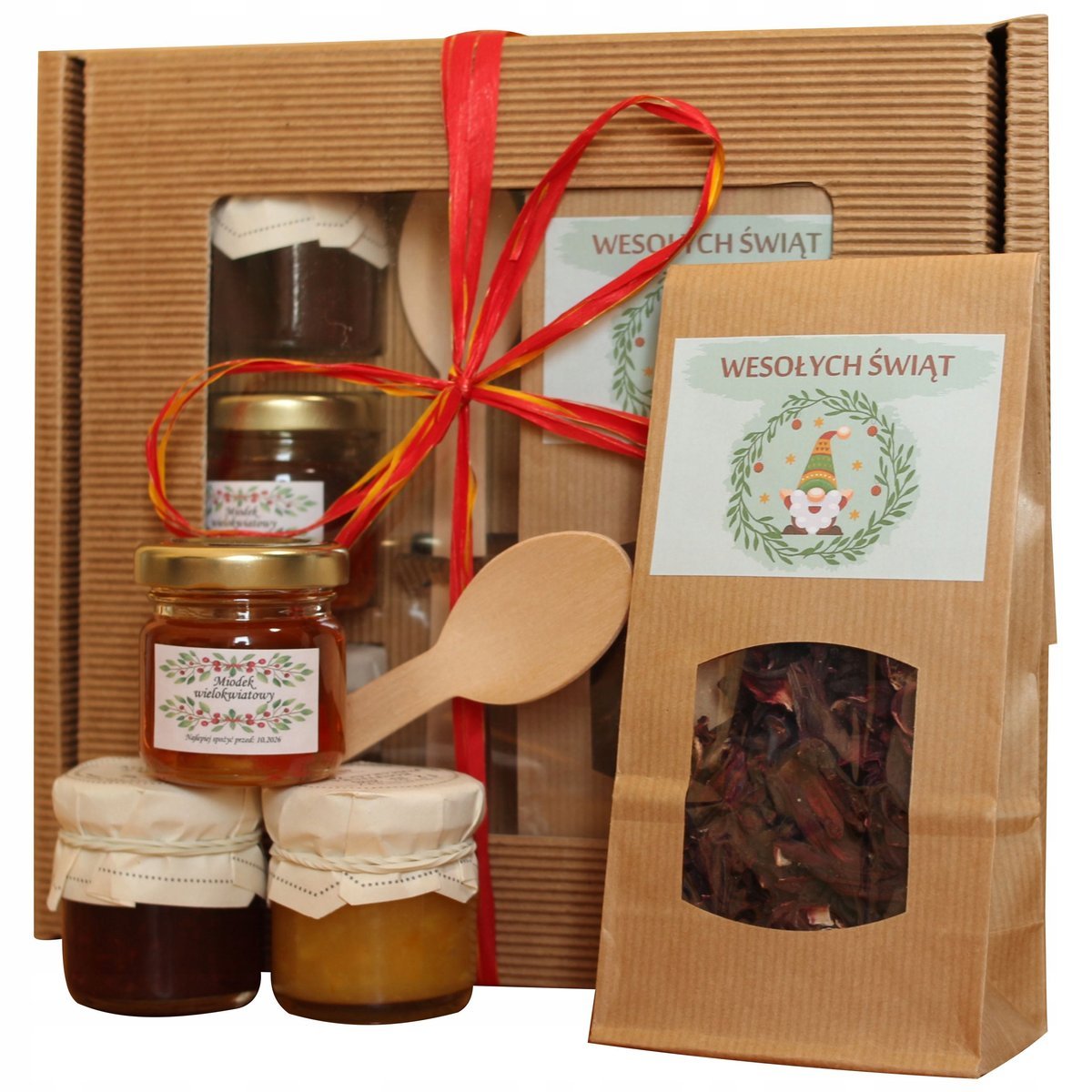 Prezent mikołajki kosz prezentowy box na święta miód herbata konfitura