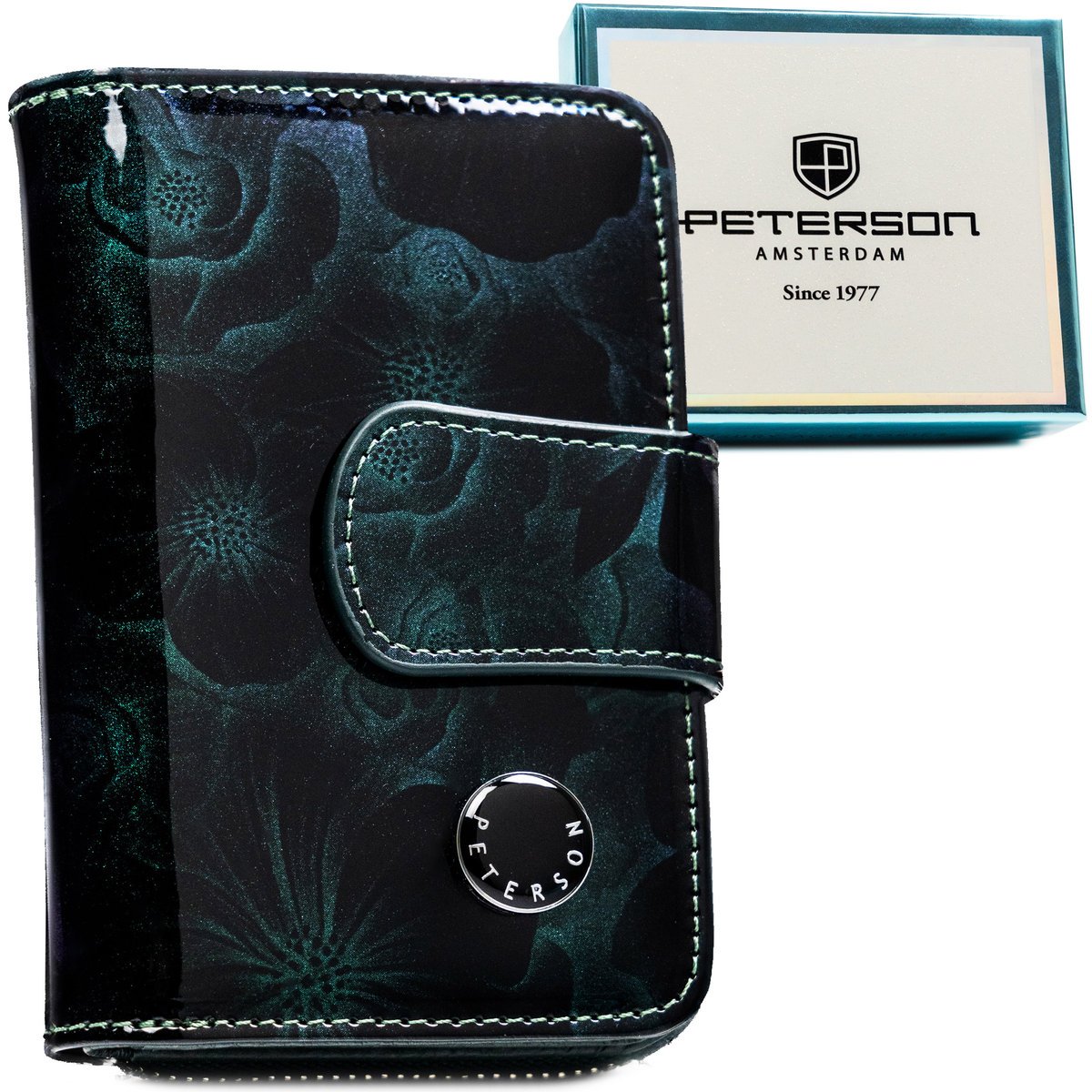 Zielony lakierowany portfel damski w kwiatowy wzór skóra naturalna i ekologiczna PETERSON średniej wielkości na zatrzask i suwak karty dokumenty got..